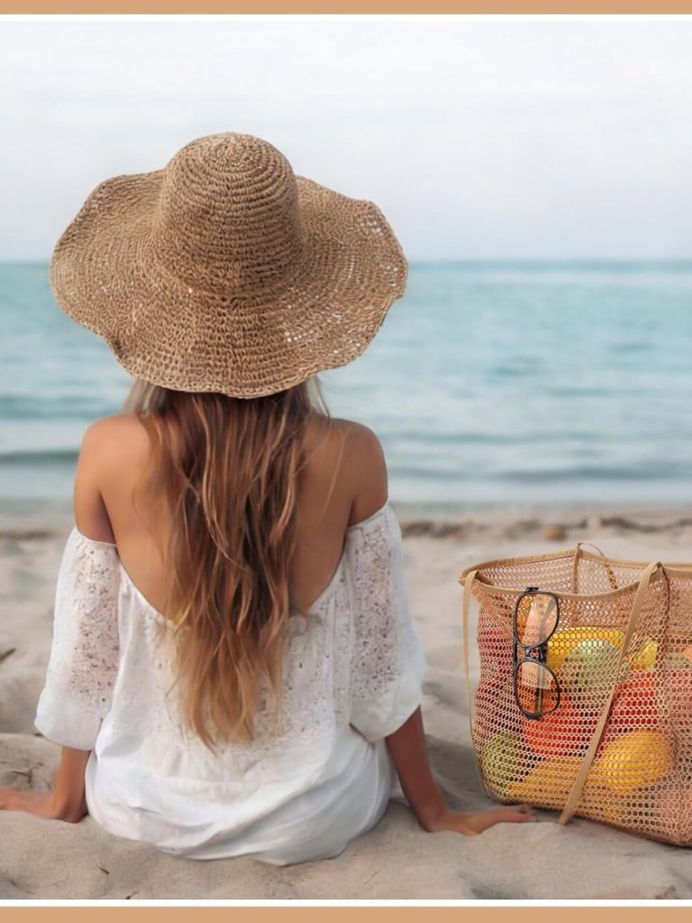 10 Pcs Mesh Beach Tote Bags and Straw Hat Set, Foldable Straw Hat Mesh Tote Bag - Picture 8 of 9